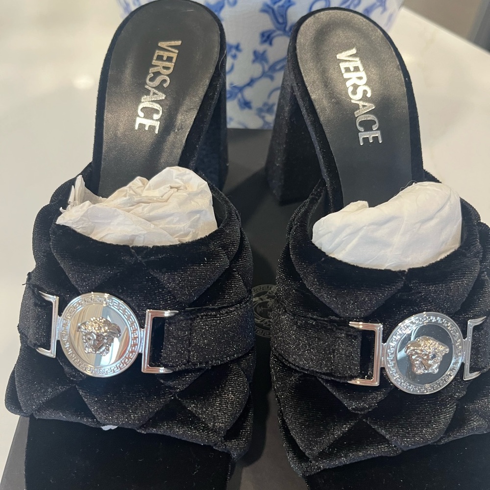 Versace Black Velvet Slide Sandals with Silver Medallion - Picture 2 of 5